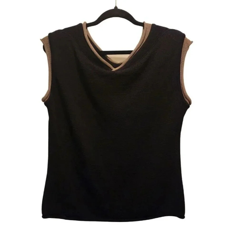 New $285 Annette Gortz Black Olive Sleeveless Stretch Sweater Size Large SIM5506